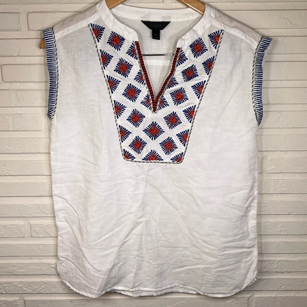 J. Crew White Embroidered Design Sleeveless Linen and Cotton Top, Women Size 0
